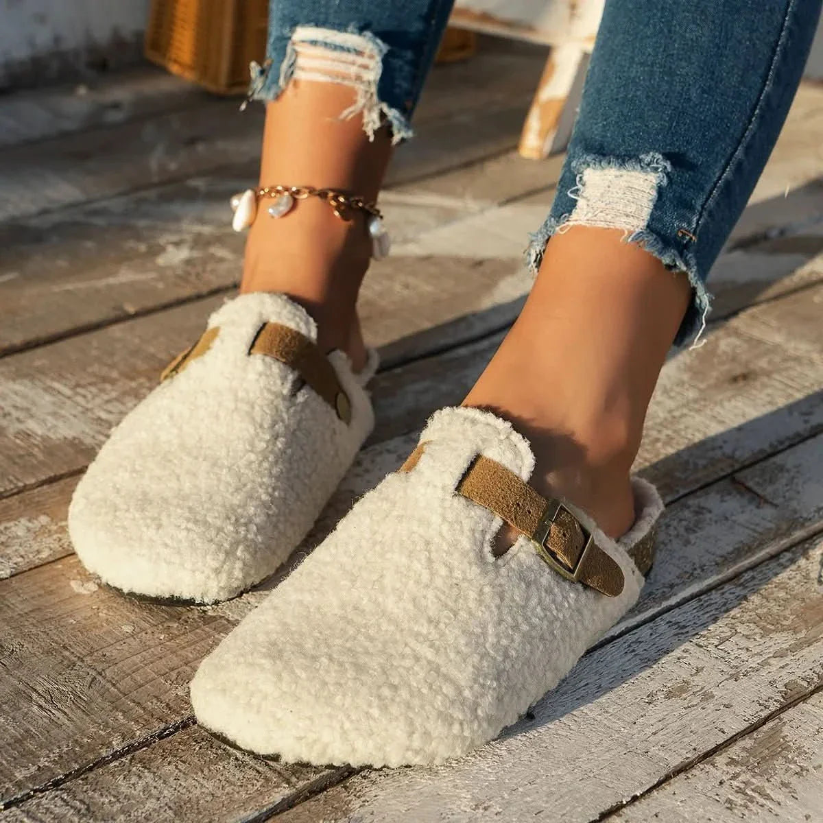 Womens Slippers Wool Lined Winter Warm Non Slip House Shoes