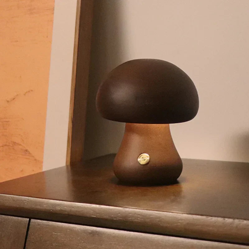 Mushroom LED Table Lamp | Wooden Touch-Control Light