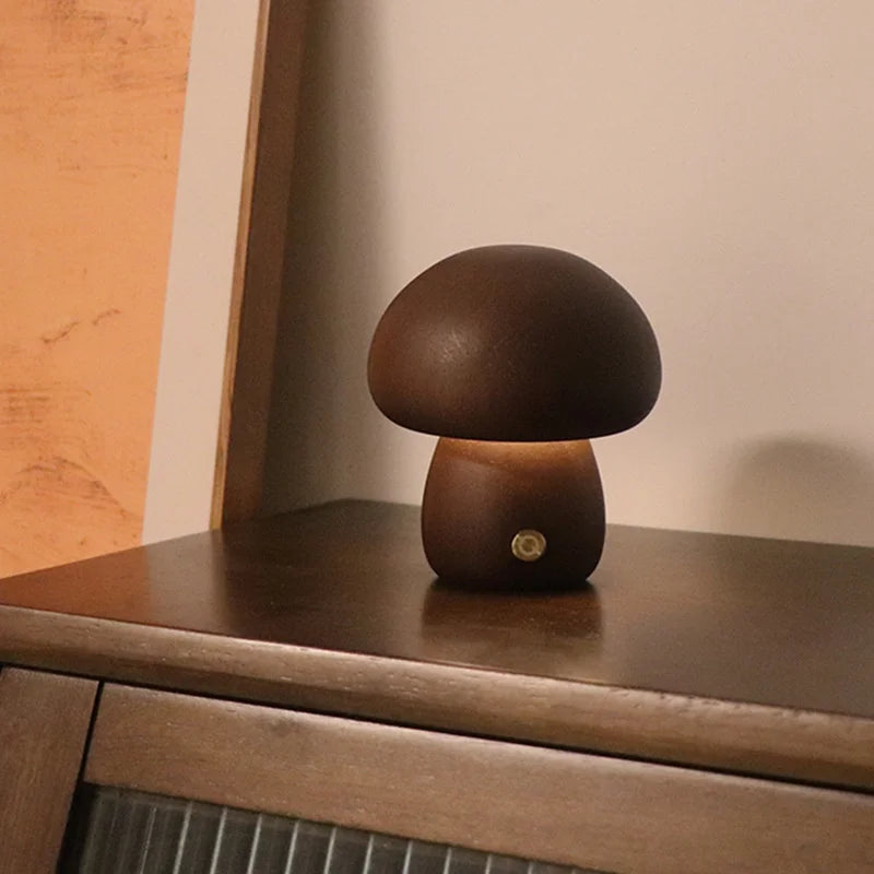 Mushroom LED Table Lamp | Wooden Touch-Control Light