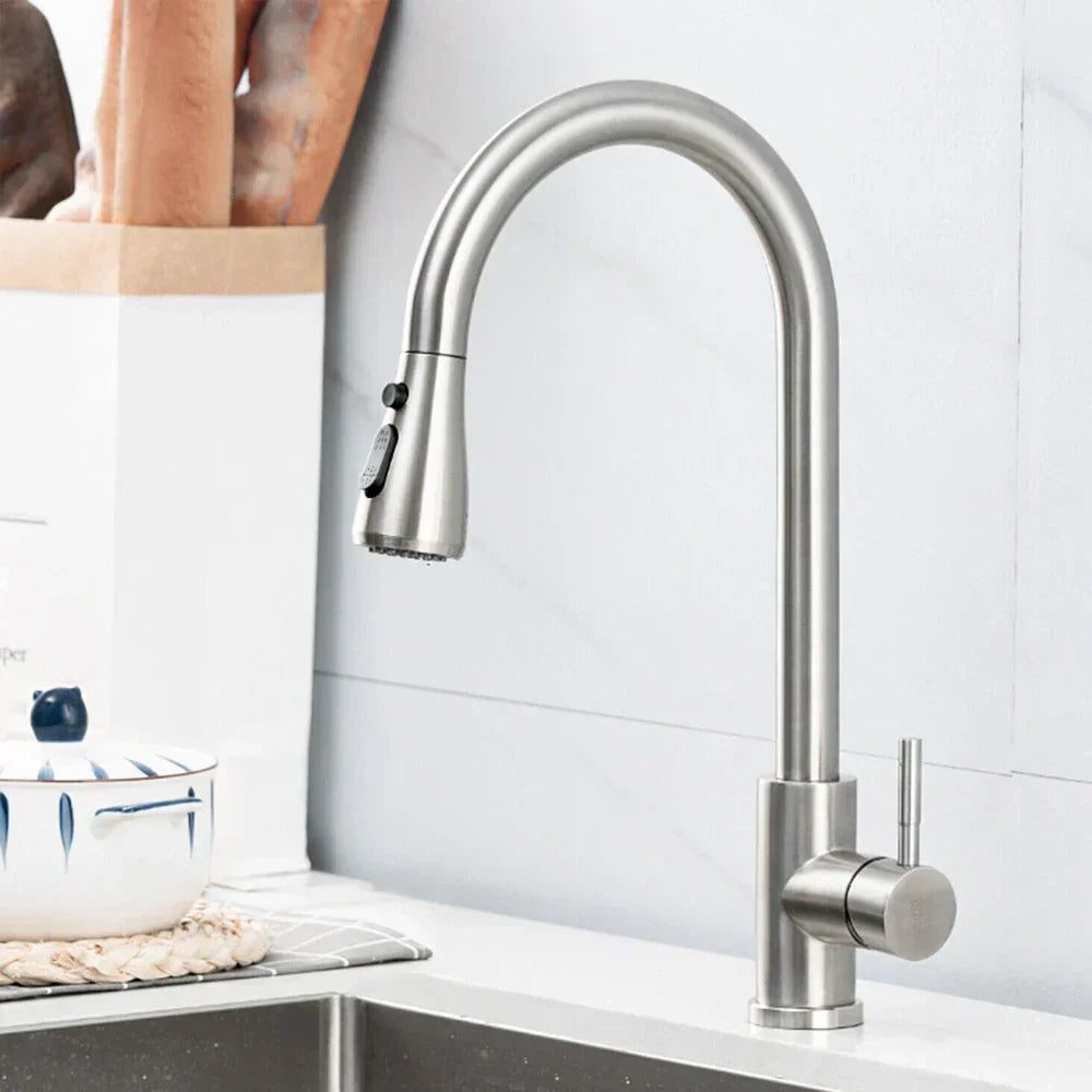 Kitchen Faucet Single Handle Pull-Out Spray Stainless Steel Modern