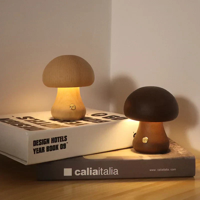 Mushroom LED Table Lamp | Wooden Touch-Control Light
