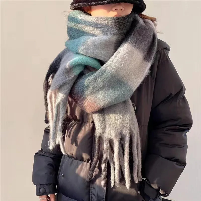 Winter Scarf Women Soft Plaid Warm Fringed Wool Blend Scarf
