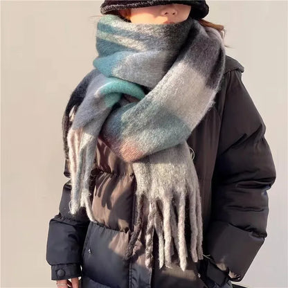 Winter Scarf Women Soft Plaid Warm Fringed Wool Blend Scarf