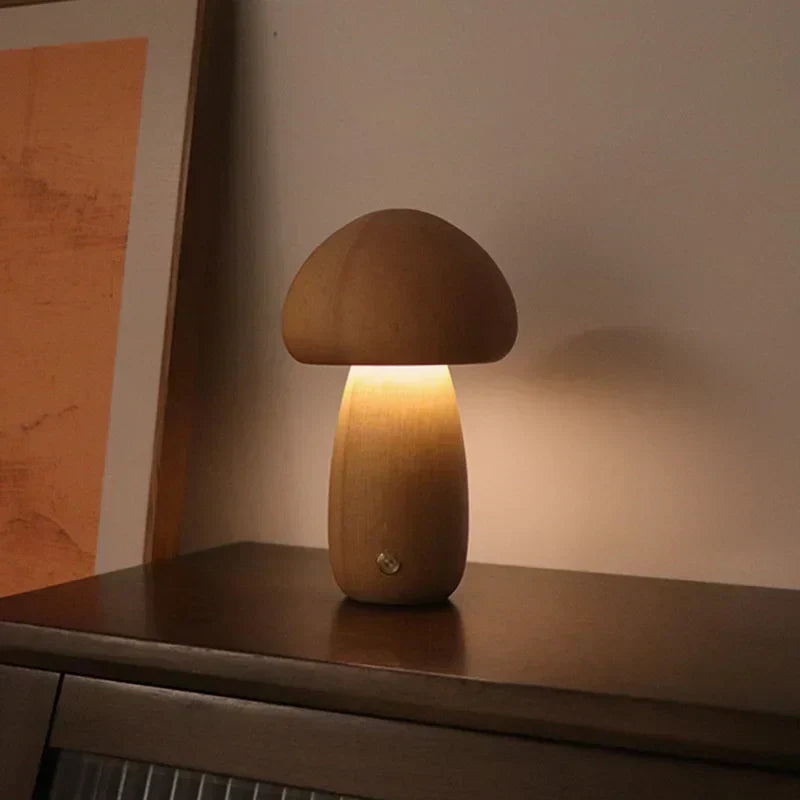 Mushroom LED Table Lamp | Wooden Touch-Control Light