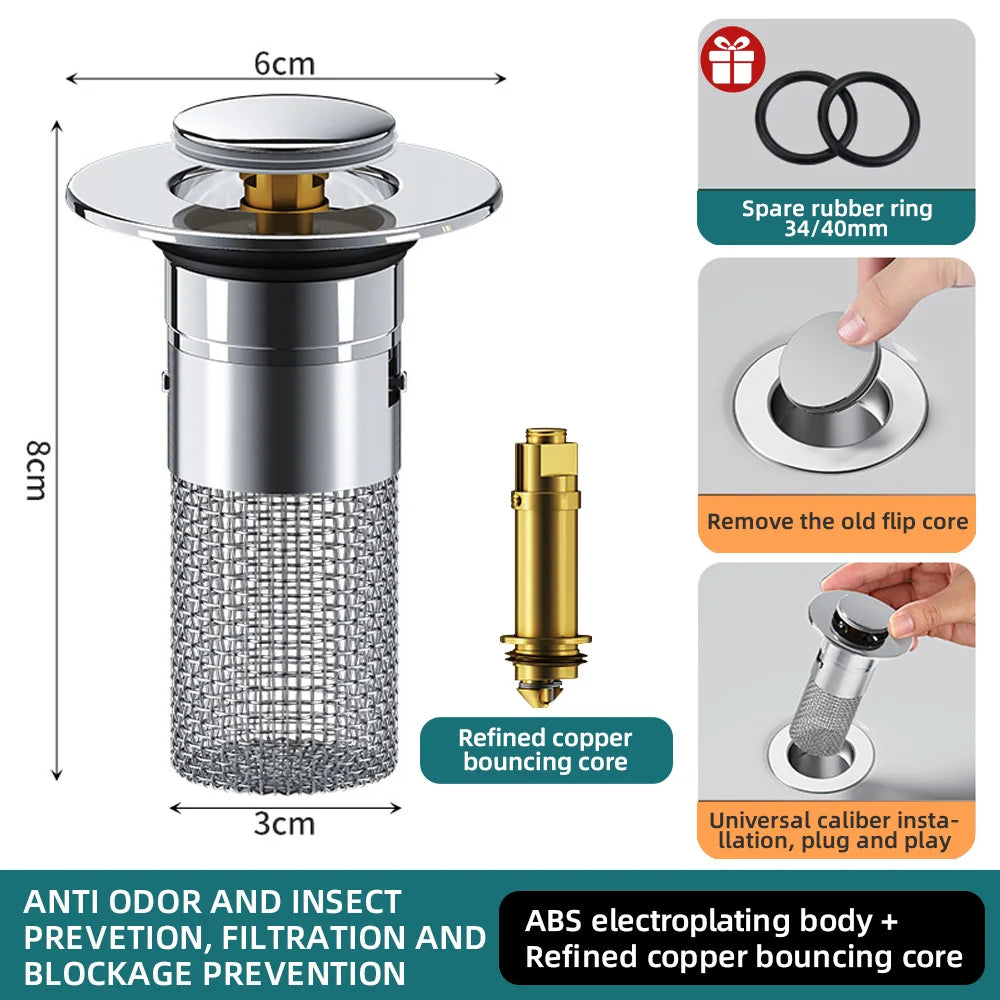 Sink Drain Strainer Pop Up Stainless Steel Stopper