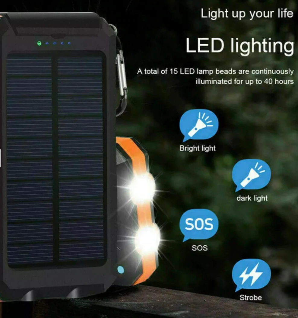 Solar Power Bank Portable Charger Waterproof Shockproof with LED Flashlight