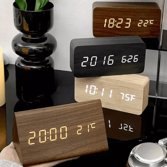 Wood Alarm Clock LED Digital Smart Voice Activated Desk Clock