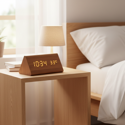 Wood Alarm Clock LED Digital Smart Voice Activated Desk Clock