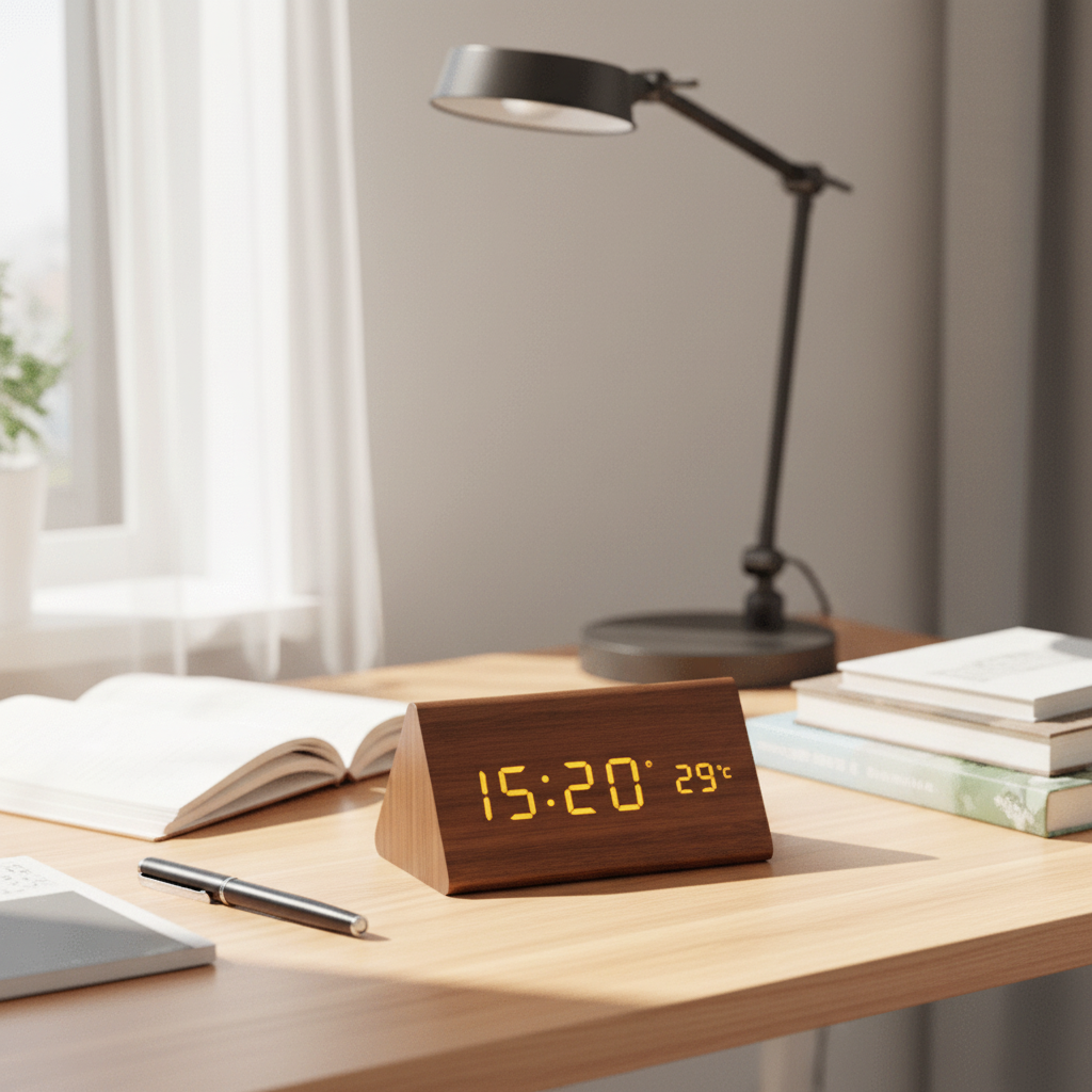 Wood Alarm Clock LED Digital Smart Voice Activated Desk Clock