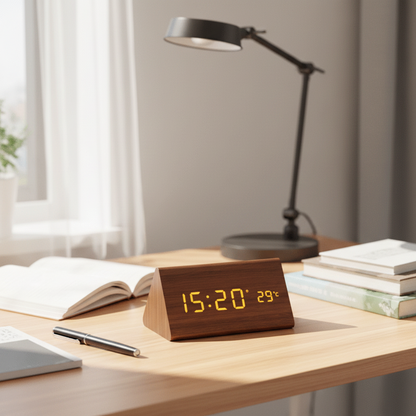 Wood Alarm Clock LED Digital Smart Voice Activated Desk Clock