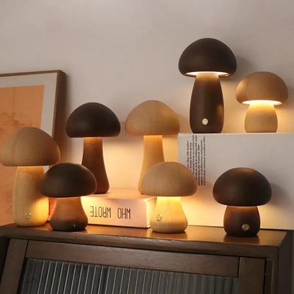 Mushroom LED Table Lamp | Wooden Touch-Control Light