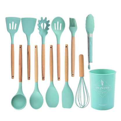 Kitchen Utensil Set Silicone Cooking Tools with Wooden Handles