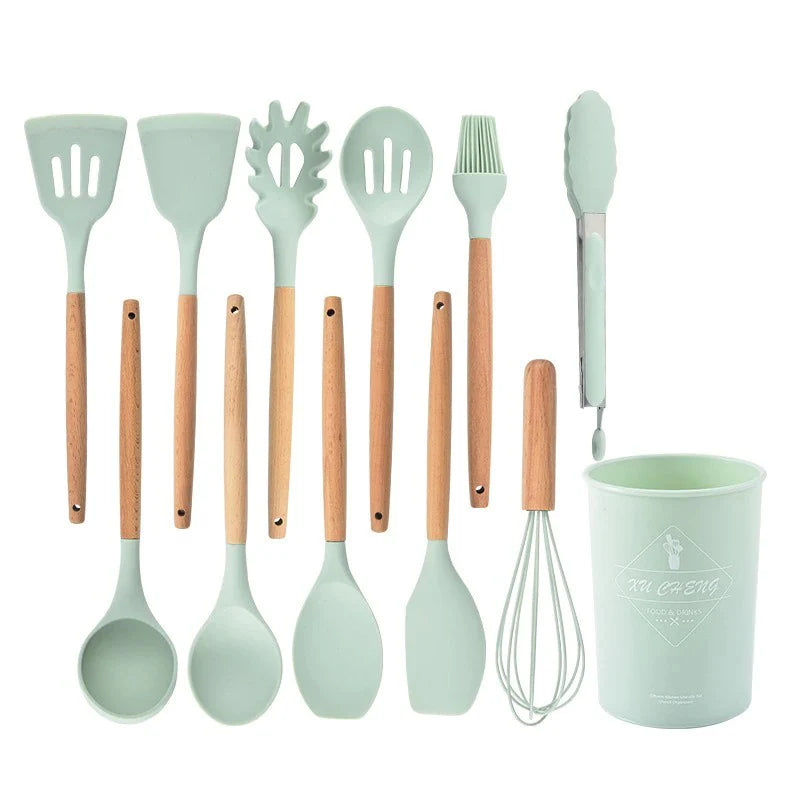 Kitchen Utensil Set Silicone Cooking Tools with Wooden Handles