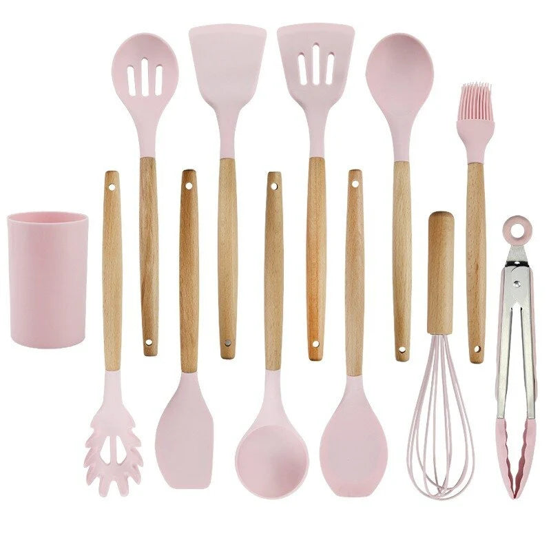 Kitchen Utensil Set Silicone Cooking Tools with Wooden Handles