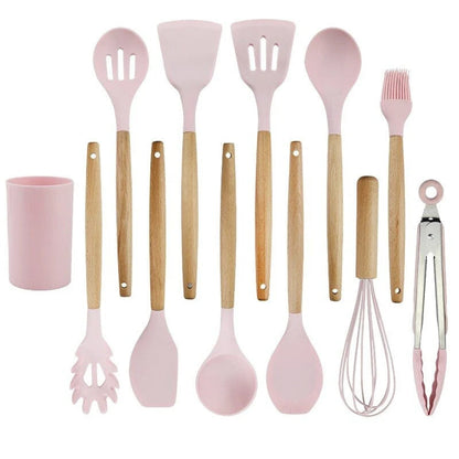 Kitchen Utensil Set Silicone Cooking Tools with Wooden Handles