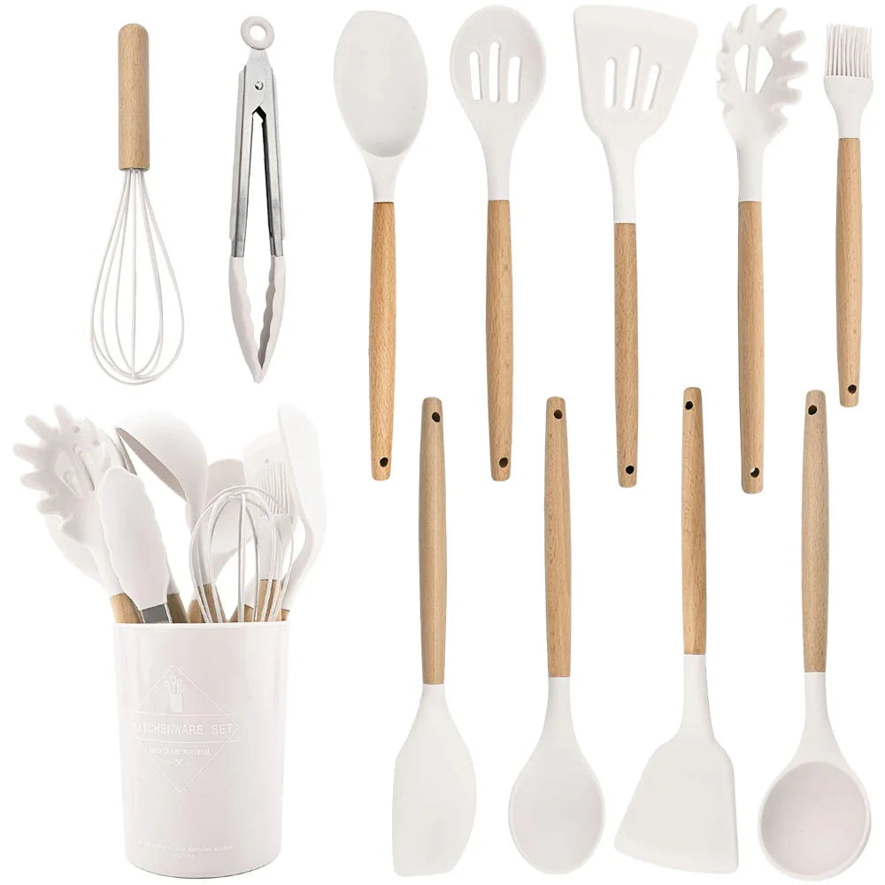 Kitchen Utensil Set Silicone Cooking Tools with Wooden Handles