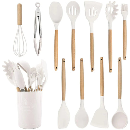Kitchen Utensil Set Silicone Cooking Tools with Wooden Handles