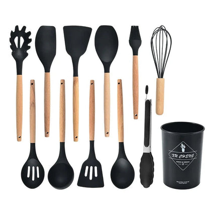 Kitchen Utensil Set Silicone Cooking Tools with Wooden Handles