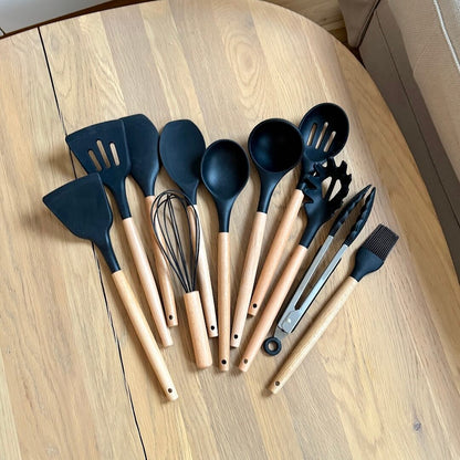 Kitchen Utensil Set Silicone Cooking Tools with Wooden Handles
