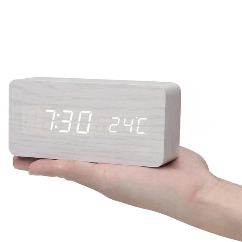 Wood Alarm Clock LED Digital Smart Voice Activated Desk Clock