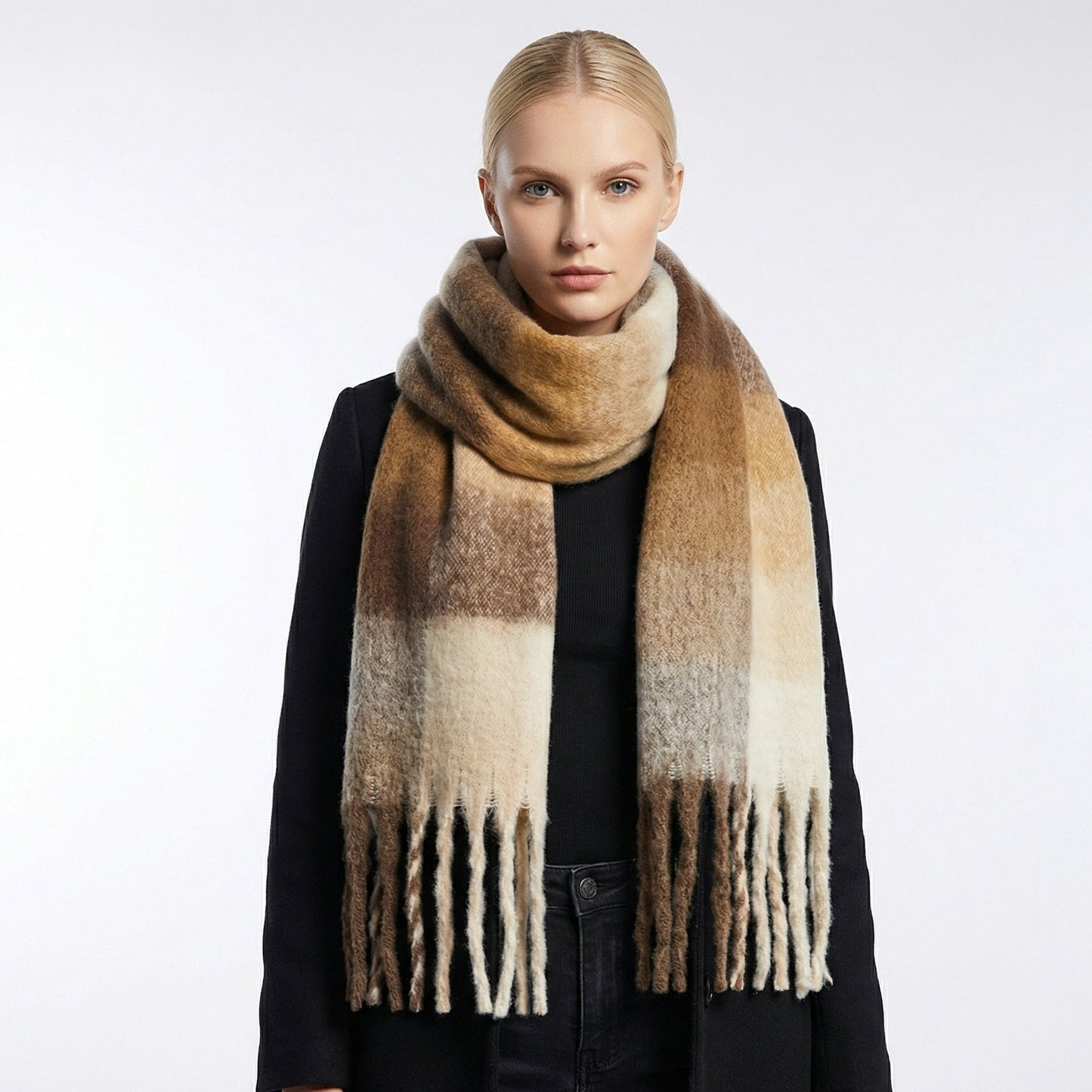 Winter Scarf Women Soft Plaid Warm Fringed Wool Blend Scarf
