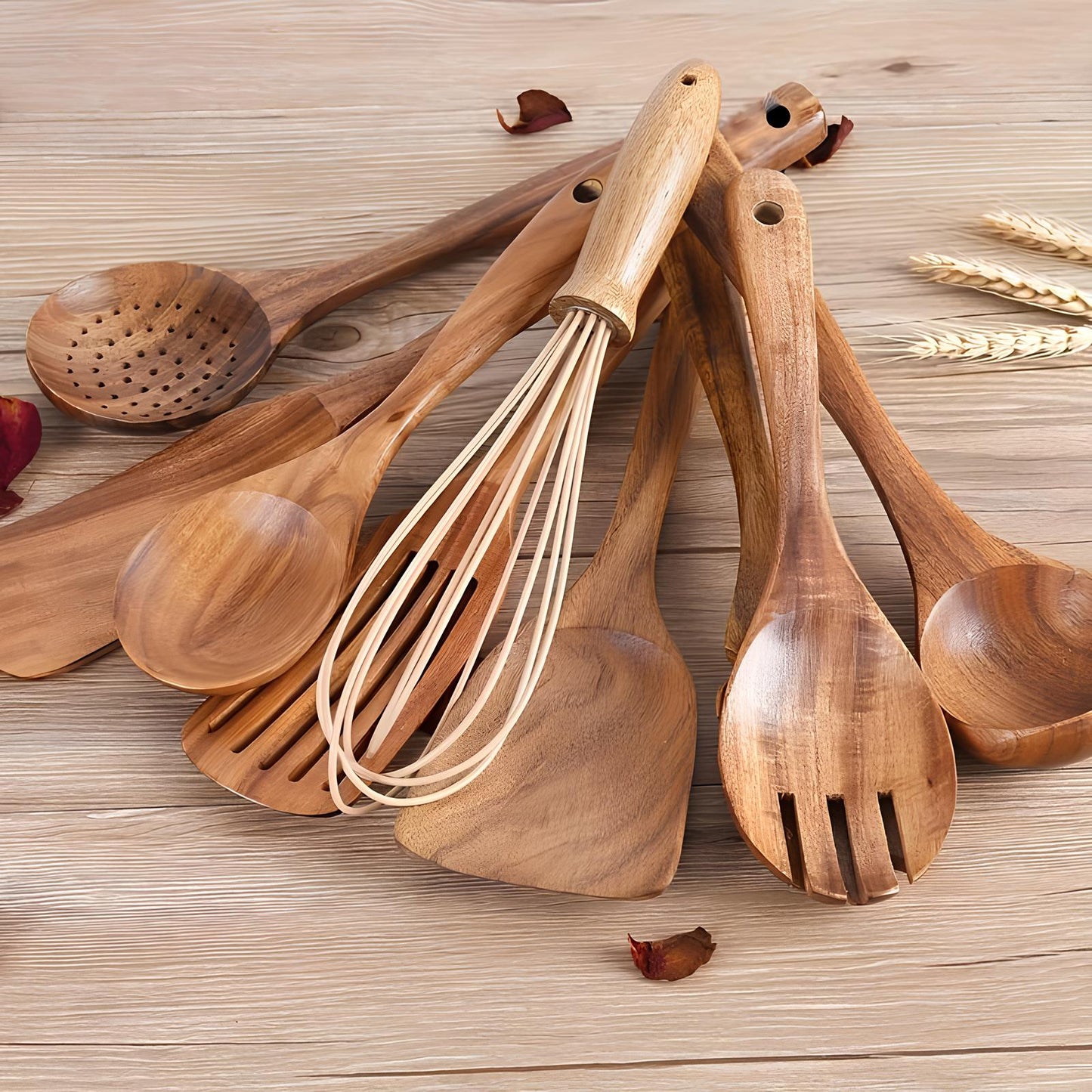 11-Piece Teak Wood Kitchen Utensil Set | Natural Wooden Cooking Tools with Holder
