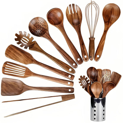 11-Piece Teak Wood Kitchen Utensil Set | Natural Wooden Cooking Tools with Holder
