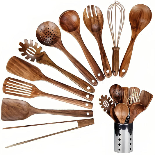 11-Piece Teak Wood Kitchen Utensil Set | Natural Wooden Cooking Tools with Holder
