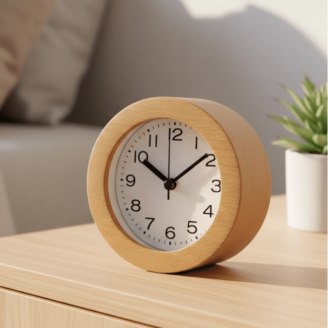 Houten Wekker met Stil Uurwerk en Analoge Wijzerplaat voor Slaapkamer