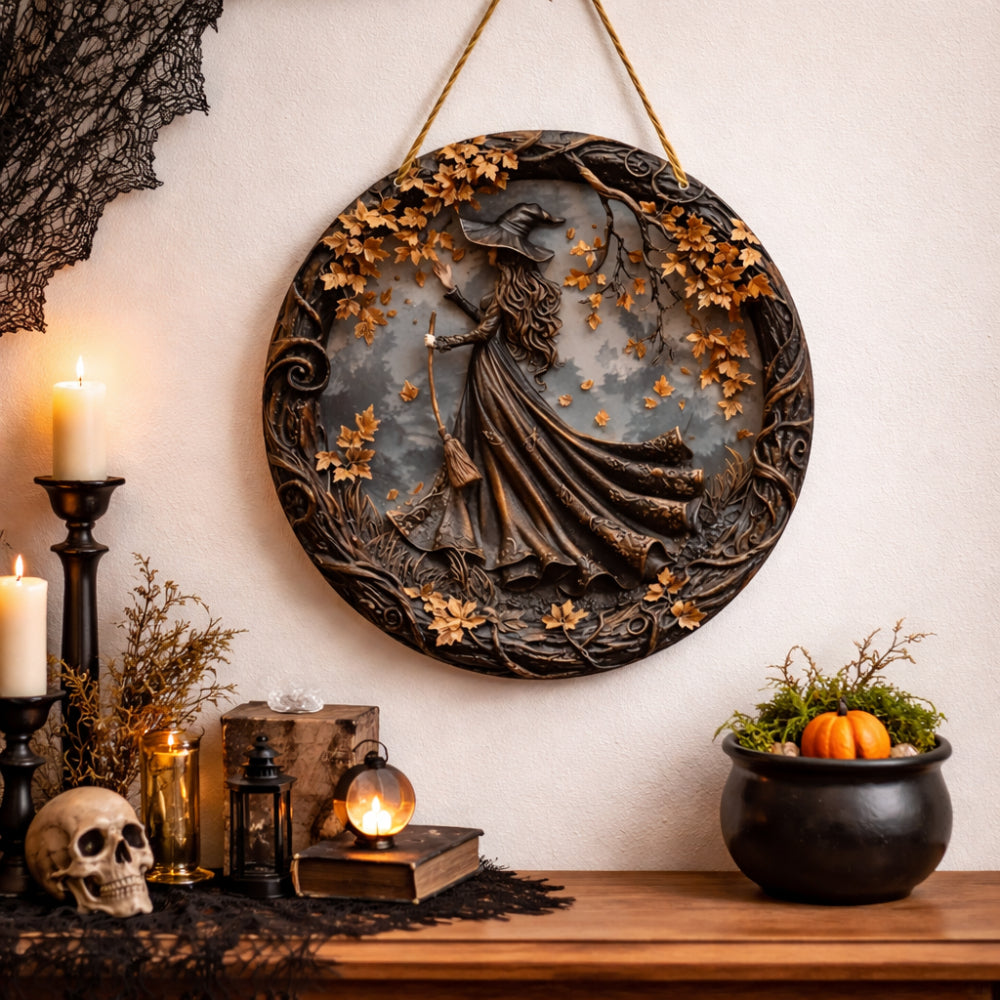 Round wooden door sign | Witch folklore wall decor