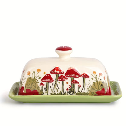 Ceramic Butter Dish with Lid | Cartoon Mushroom Design