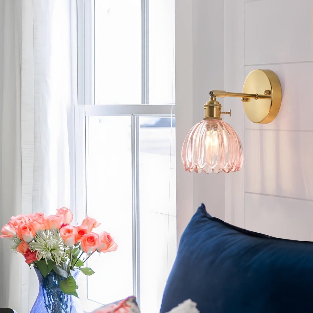 Modern Glass Wall Sconce | Pink Ribbed Shade & Brushed Gold Finish