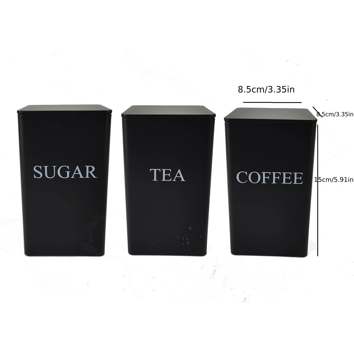 3-Piece Black Square Tea, Coffee & Sugar Storage Tins | Modern Kitchen Canisters Set