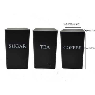 3-Piece Black Square Tea, Coffee & Sugar Storage Tins | Modern Kitchen Canisters Set