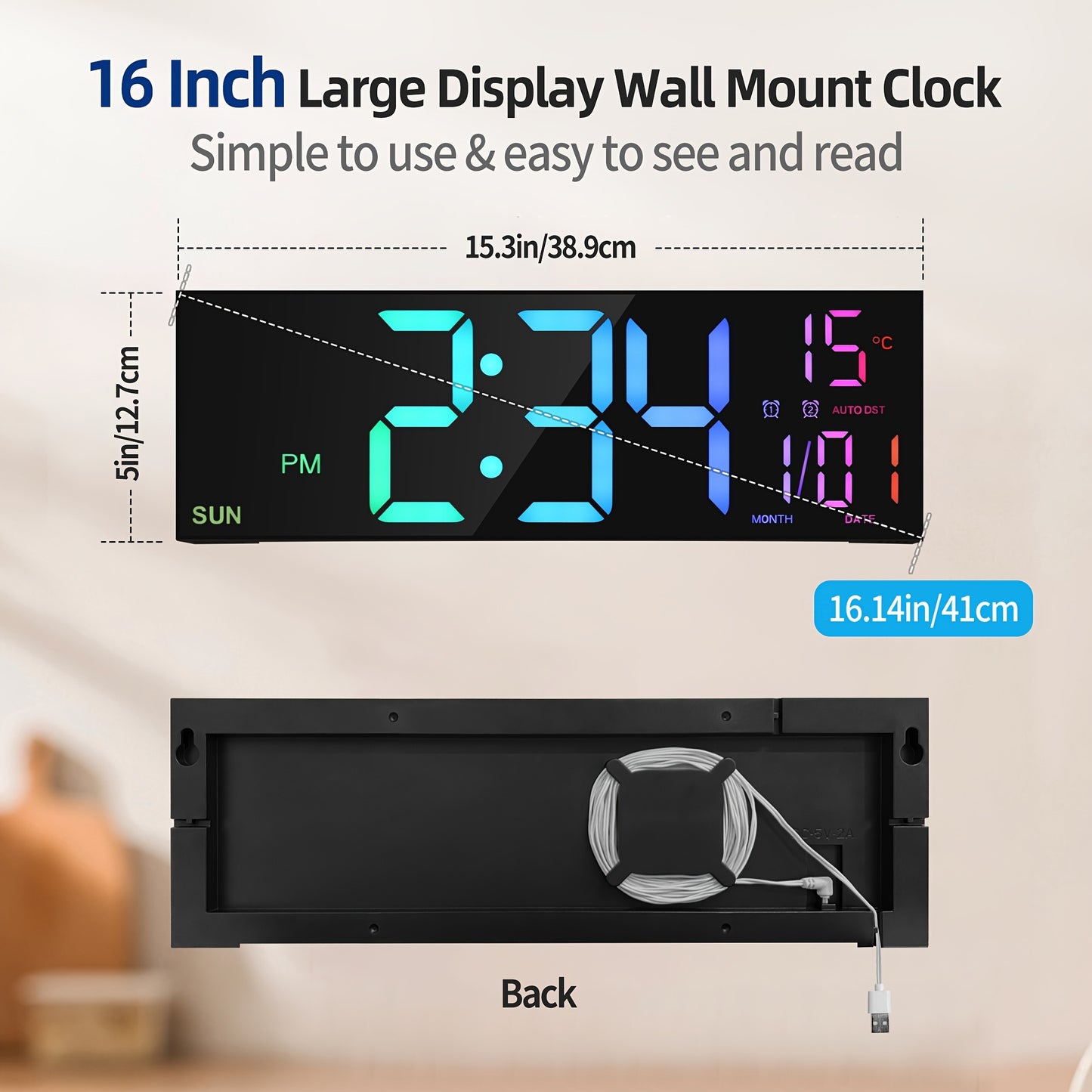 16-Inch RGB Digital Wall Clock | Remote Control & Auto Brightness