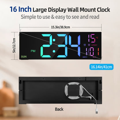 16-Inch RGB Digital Wall Clock | Remote Control & Auto Brightness