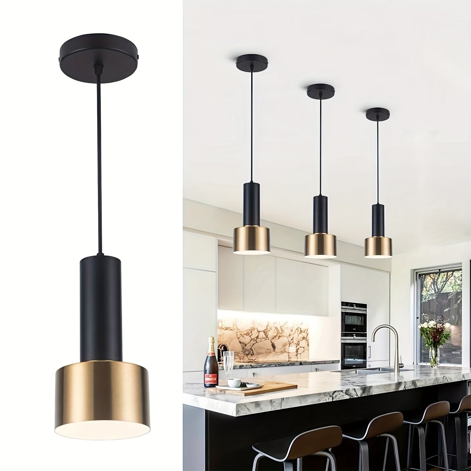 Modern Black & Gold Pendant Light | Adjustable Height E27 Fixture