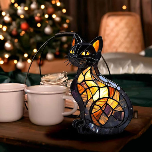 Glow Kitty Lamp Stained Glass Cat Night Light Figurine