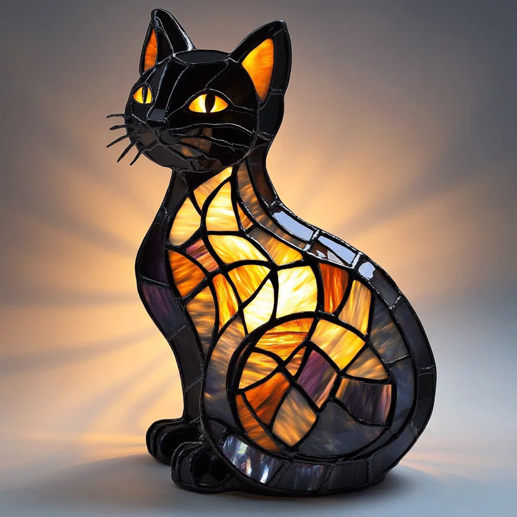Glow Kitty Lamp Stained Glass Cat Night Light Figurine