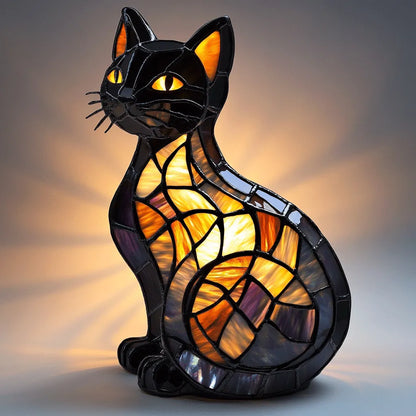 Glow Kitty Lamp Stained Glass Cat Night Light Figurine