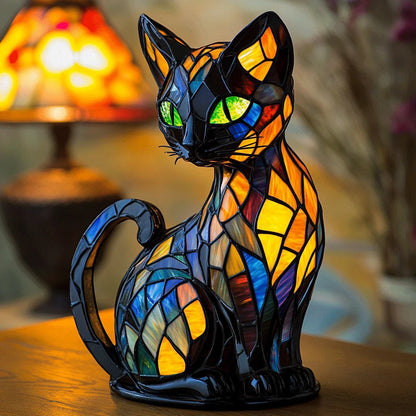 Glow Kitty Lamp Stained Glass Cat Night Light Figurine