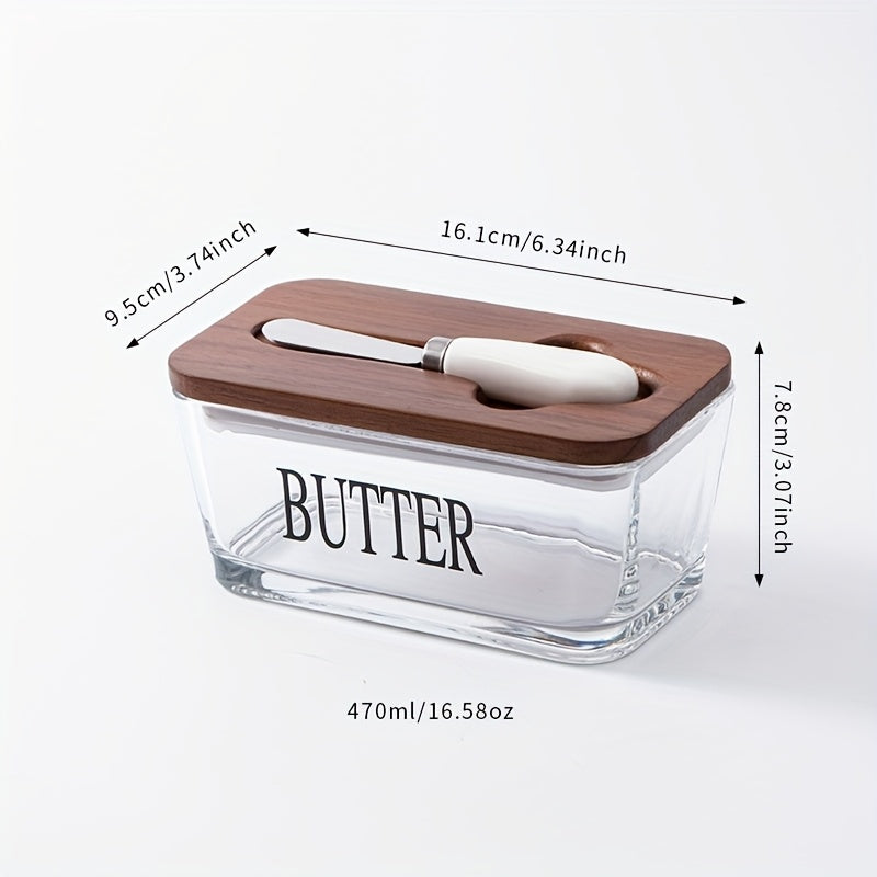 Acacia Wood Lid Glass Butter Dish with Spreader | Thick Glass Butter Keeper