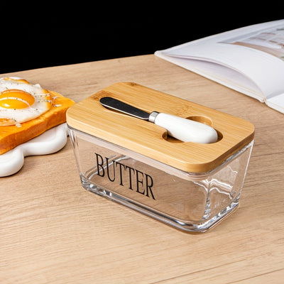 Acacia Wood Lid Glass Butter Dish with Spreader | Thick Glass Butter Keeper