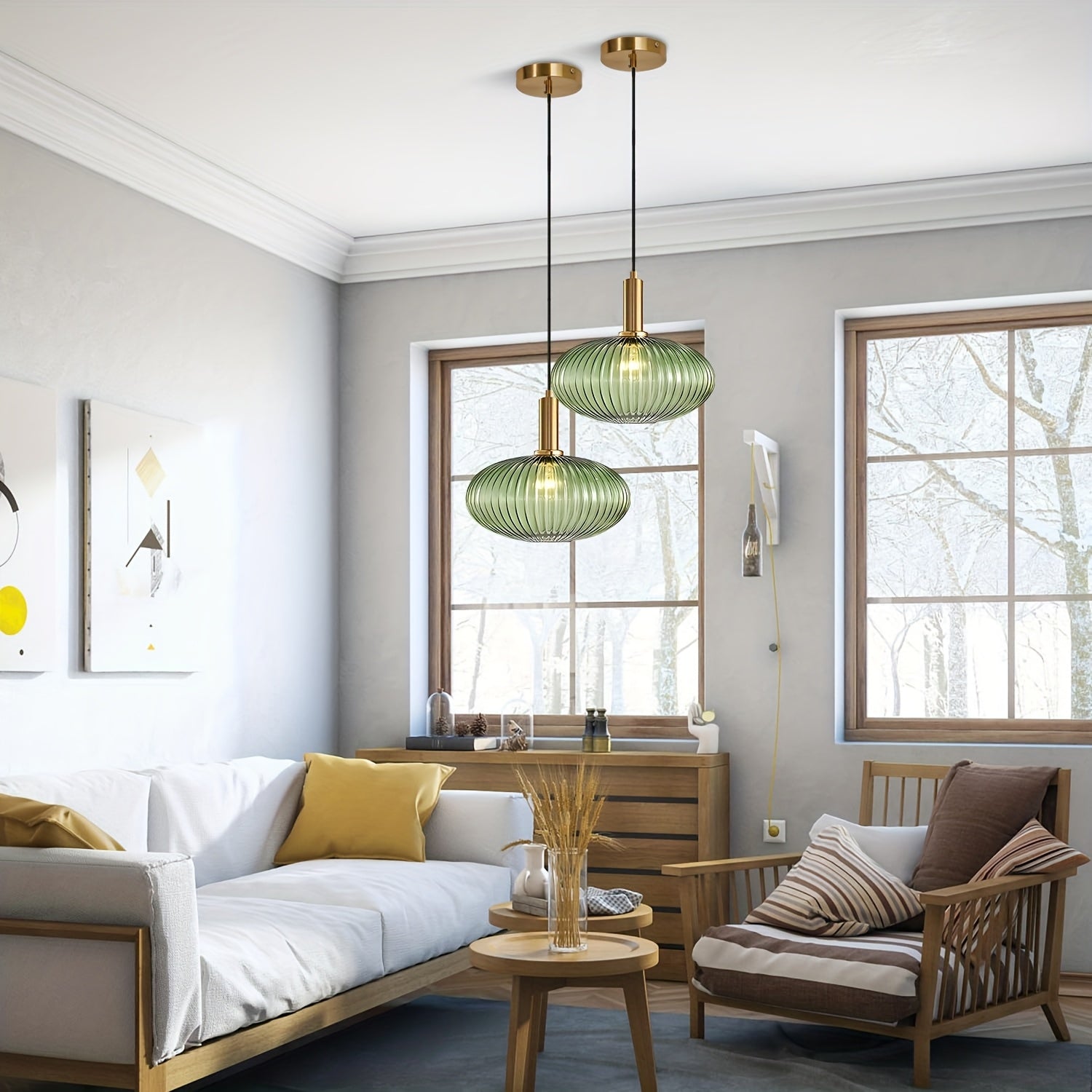 Modern Ribbed Glass Pendant Light | Adjustable Brass Fixture