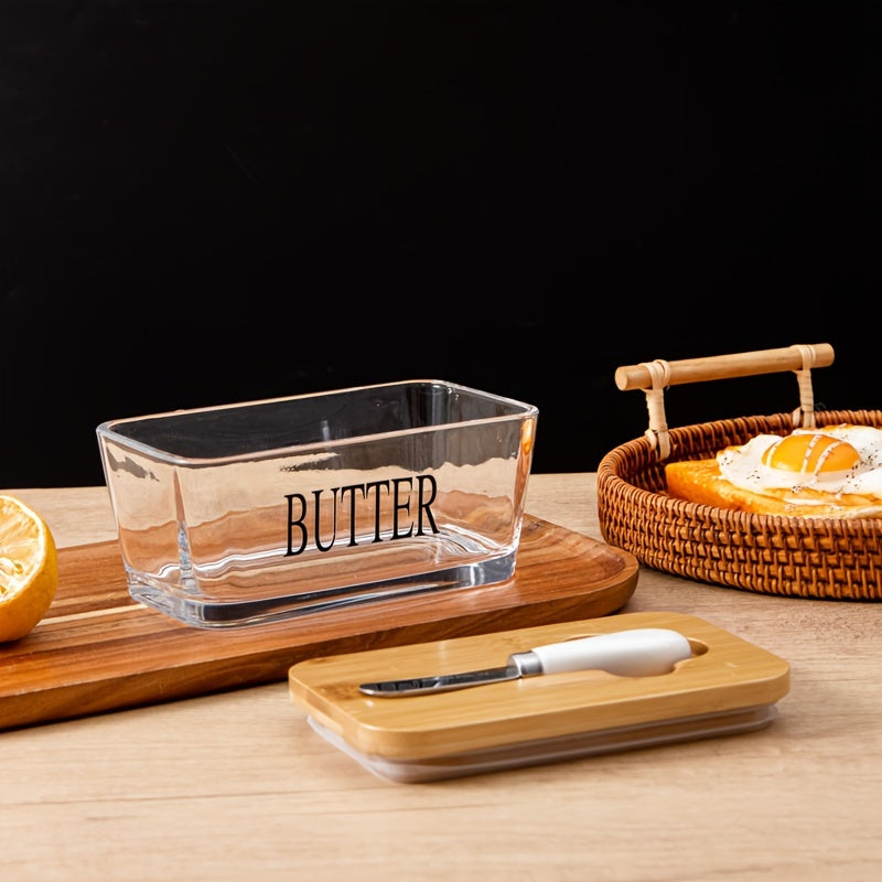 Acacia Wood Lid Glass Butter Dish with Spreader | Thick Glass Butter Keeper