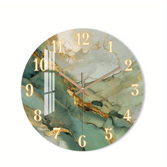 Abstract Marble Wall Clock | Silent Wooden Round Clock with Gold Accents