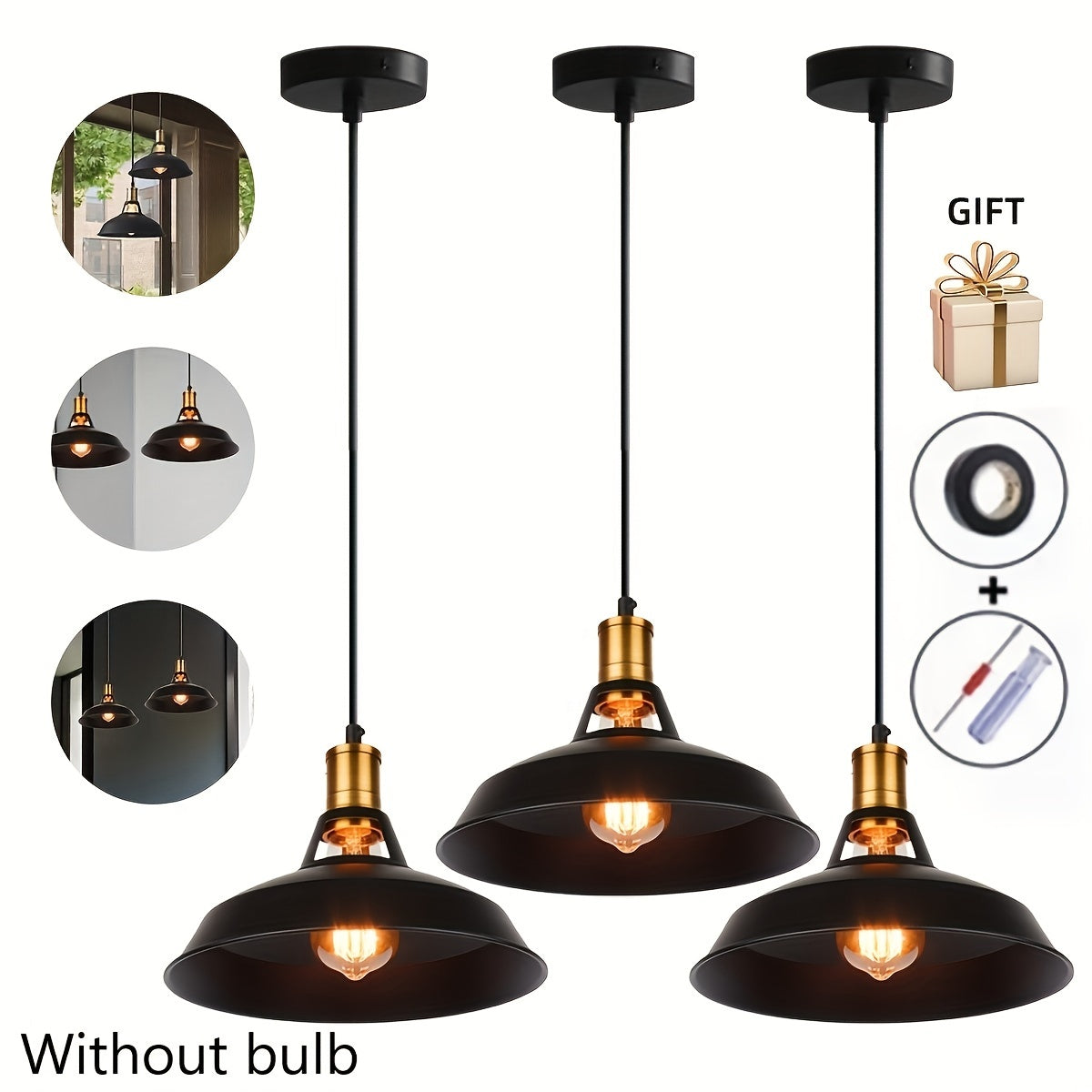 Traditional Metal Pendant Light Set (3-Piece) | Industrial Varnished Design