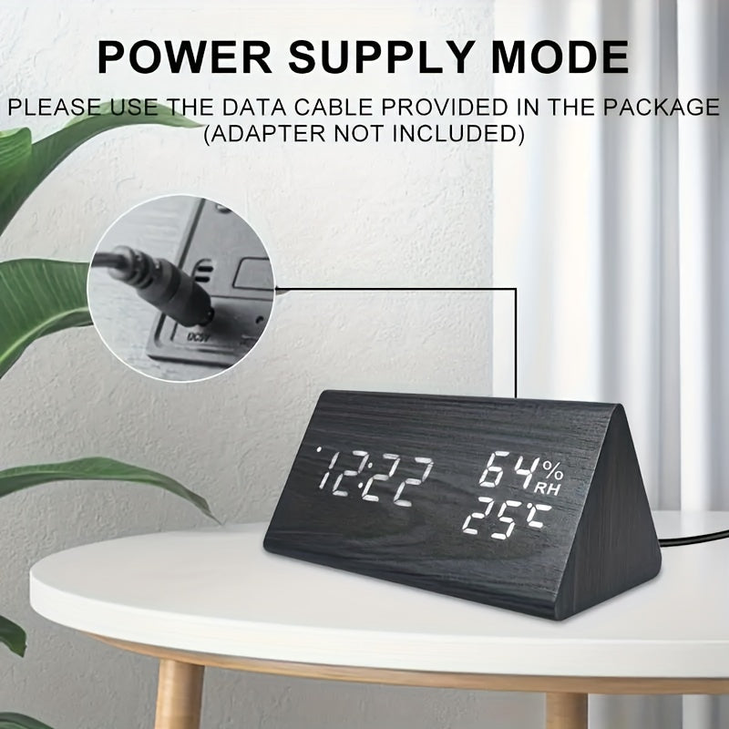 Modern Wooden LED Digital Alarm Clock | Time, Temperature & Humidity Display
