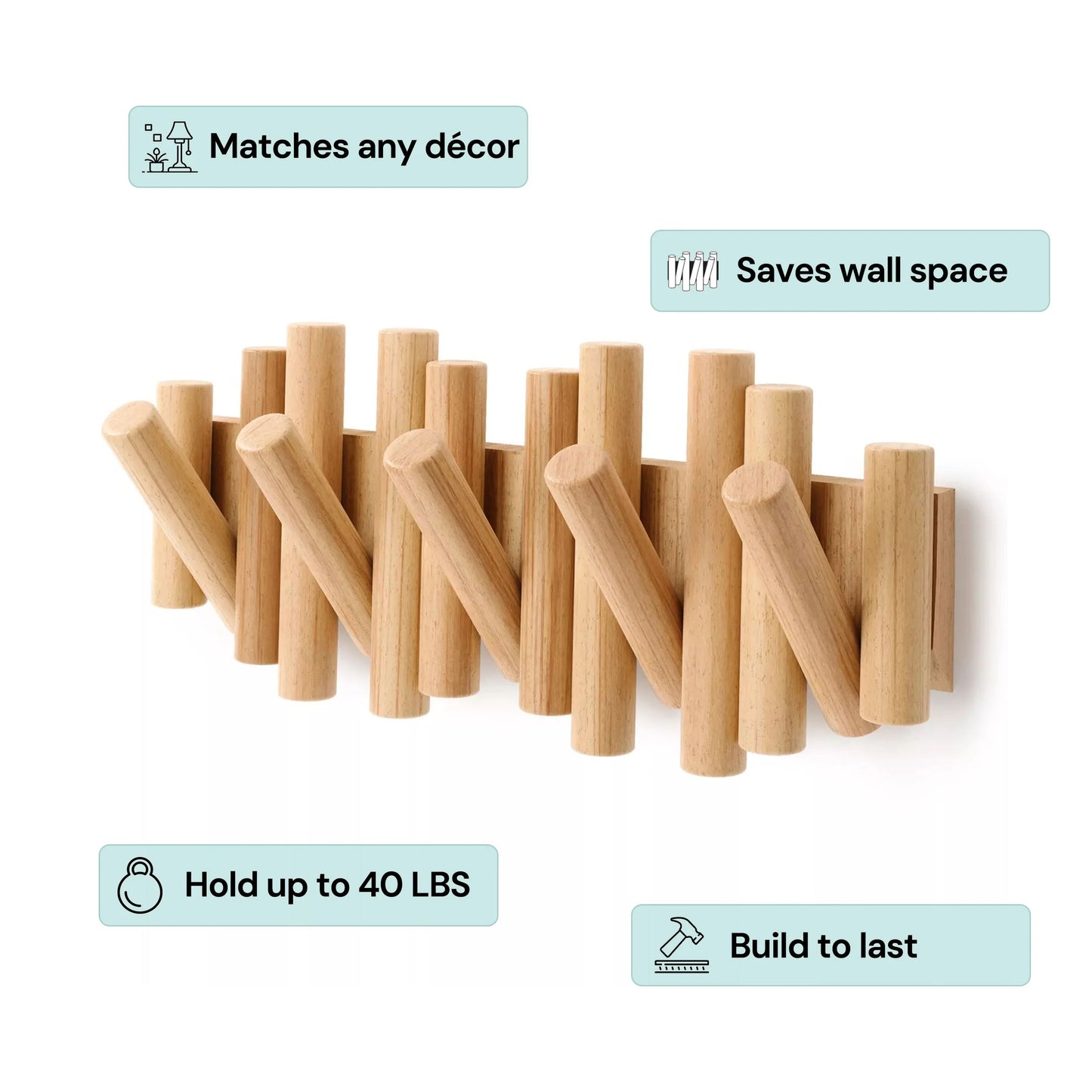 Wooden Wall Coat Rack | Fold-Down Hook Storage