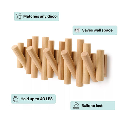 Wooden Wall Coat Rack | Fold-Down Hook Storage